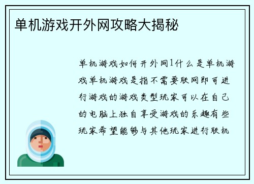 单机游戏开外网攻略大揭秘